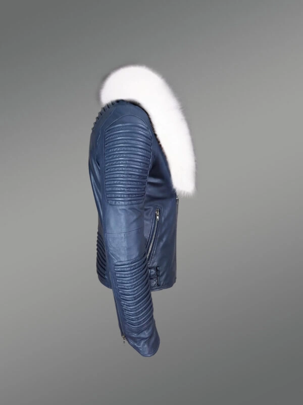 Men’s Iconic Sheepskin Super Warm Navy Biker Jacket with Snow White Wide Fox Fur Collar - Image 2