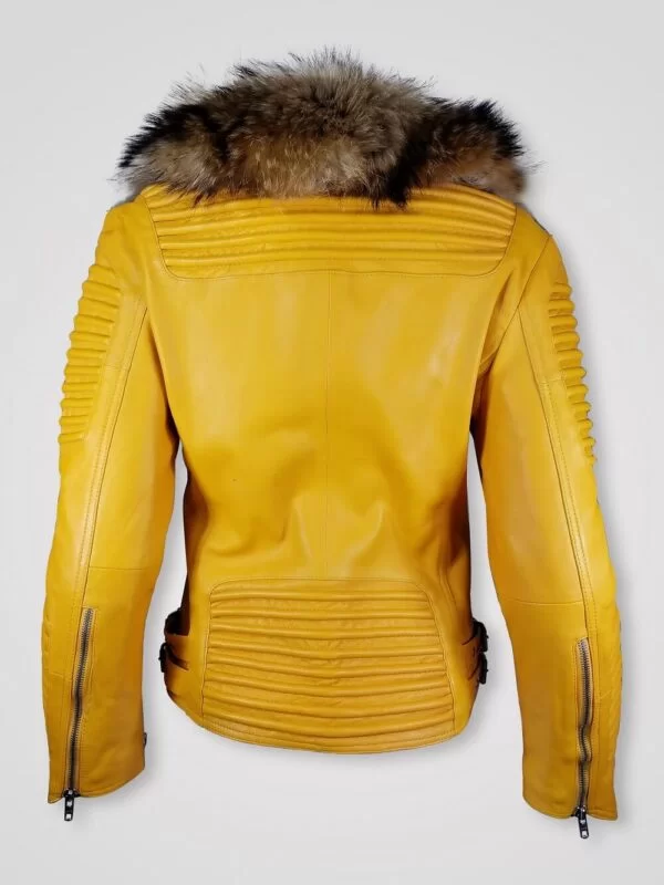 Women's Motorcycle Biker Jacket with Detachable Raccoon Fur Collar And Piped Sleeves in Yellow - Image 3