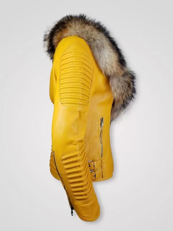 Women's Motorcycle Biker Jacket with Detachable Raccoon Fur Collar And Piped Sleeves in Yellow - Image 2