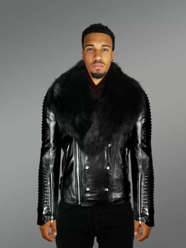 Classy Black Motorcycle Leather Jacket with Fox Fur Collar