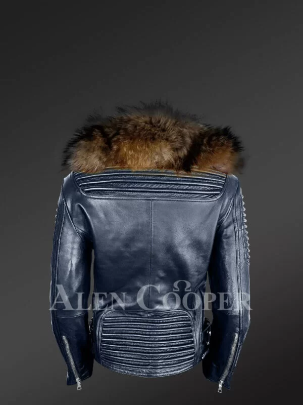 Stylish And Bold Women’s Navy Moto Jackets with Detachable Finn Raccoon Fur Collar & Hood - Image 8
