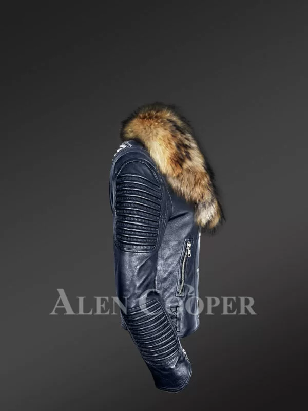 Stylish And Bold Women’s Navy Moto Jackets with Detachable Finn Raccoon Fur Collar & Hood - Image 6