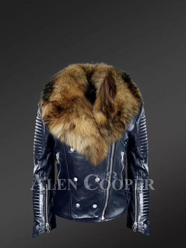 Stylish And Bold Women’s Navy Moto Jackets with Detachable Finn Raccoon Fur Collar & Hood - Image 4
