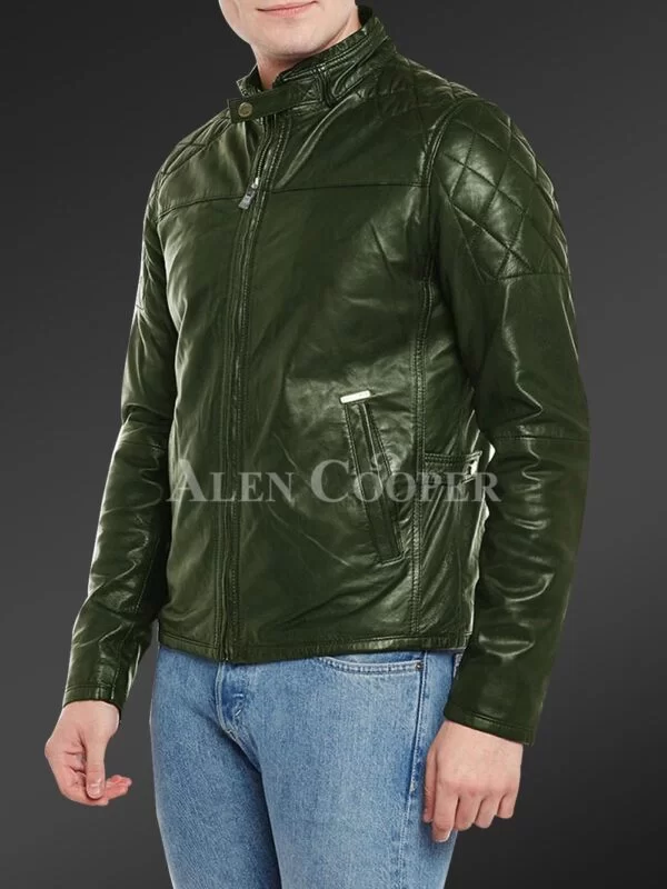Men’s Iconic Black Short Real Leather Jacket with Quilted Shoulder - Image 3