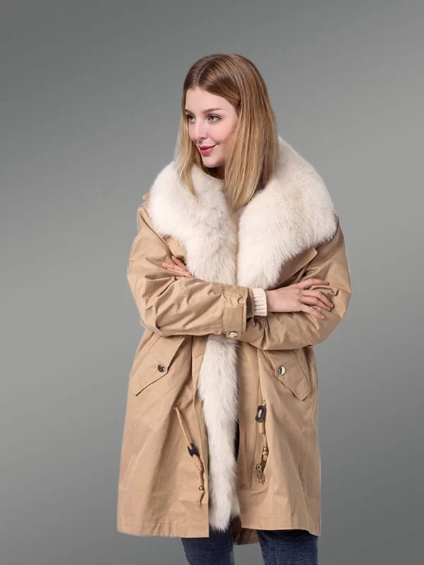 Womens Pea-Length Casual Style Fur Parka with Raccoon and Rabbit Fur