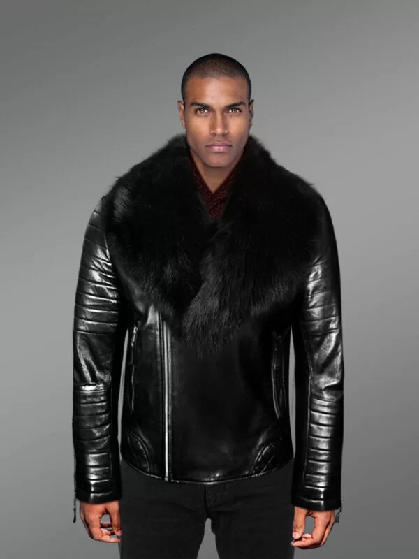 Super Stylish Real Leather Black Biker Jacket with Black Fox Fur