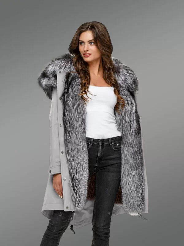 Scintillating Scandinavian Silver Fox Fur Hybrid Grey Parka Convertibles with Rabbit Liner for Today’s Women - Image 2
