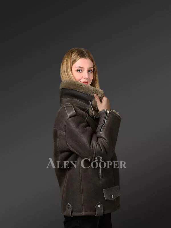 Sheepskin Shearling Jacket for Women with Olive Green Fur - Image 2