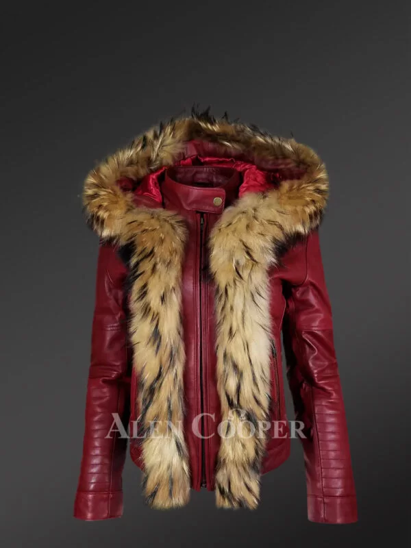 Women's Short Length Leather Parka in Wine with Raccoon Fur Trim In Front and Hood - Image 3