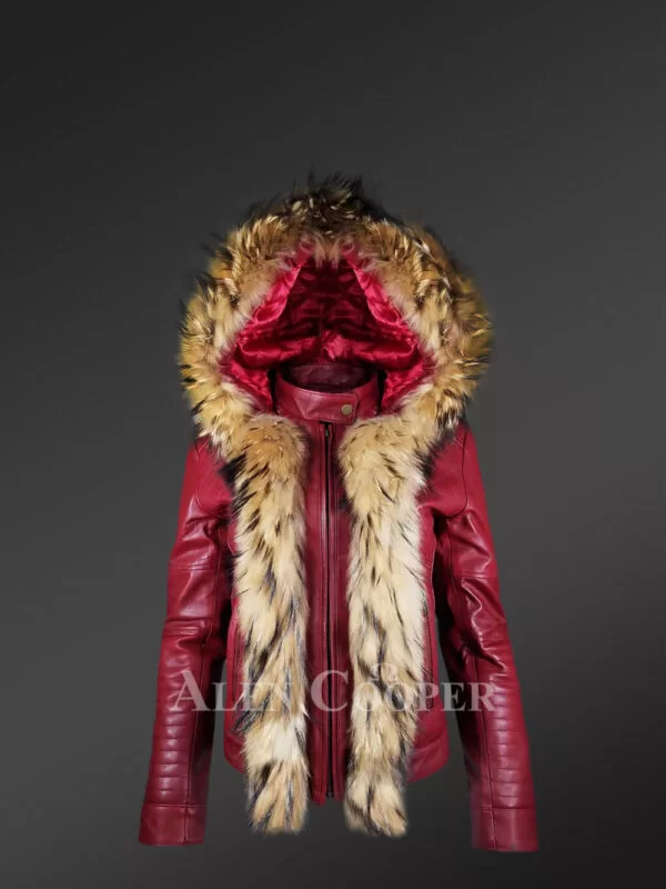 Women's Short Length Leather Parka in Wine with Raccoon Fur Trim In Front and Hood - Image 2