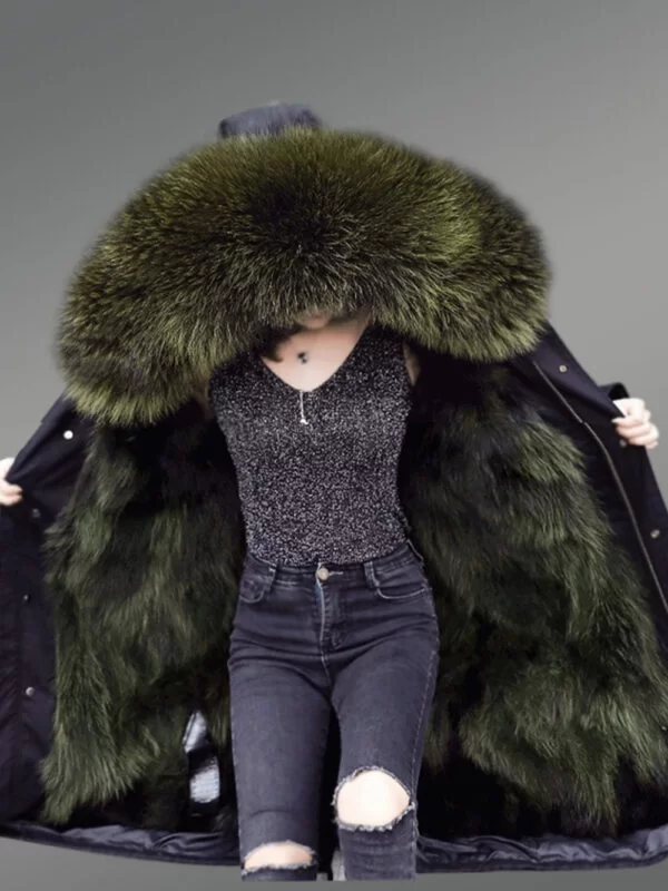 Raccoon Fur Long Parka with Detachable Vest and Fox Fur Hood - Image 2