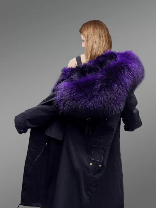 Stunning Long Black Parka with Voluminous Purple Hood for Women - Image 2