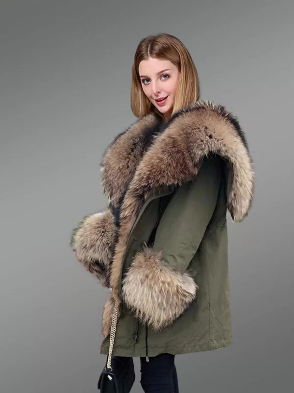 Stylish Olive Parka with Extra Large Raccoon Fur Hood - Image 2