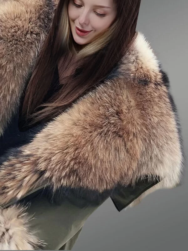 Stylish Olive Parka with Extra Large Raccoon Fur Hood - Image 3