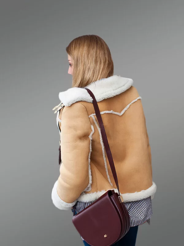 Suede Sheepskin Shearling Jacket for Women in Beige - Image 5