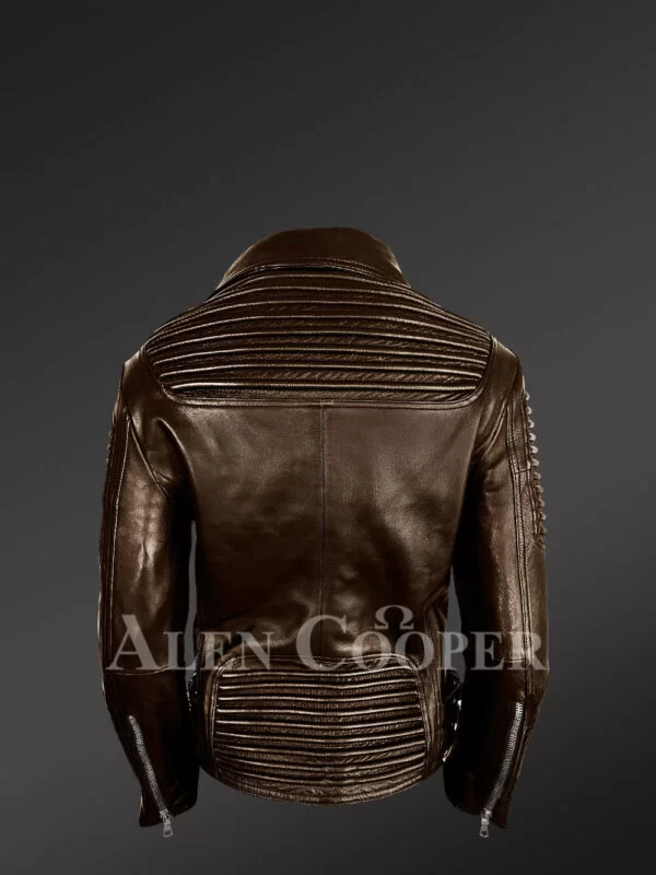 Women’s Plush Coffee Biker Leather Jacket Decked with Black Fox Fur Collar - Image 7