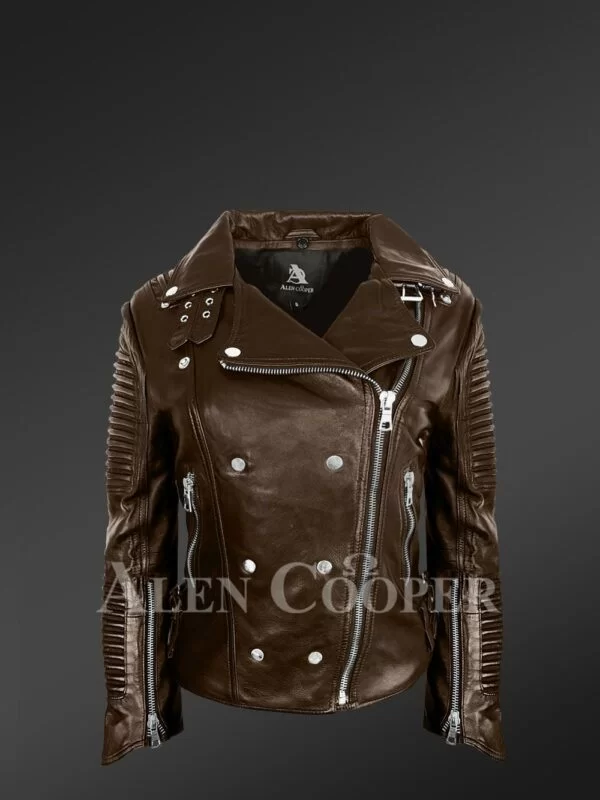 Women’s Plush Coffee Biker Leather Jacket Decked with Black Fox Fur Collar - Image 5