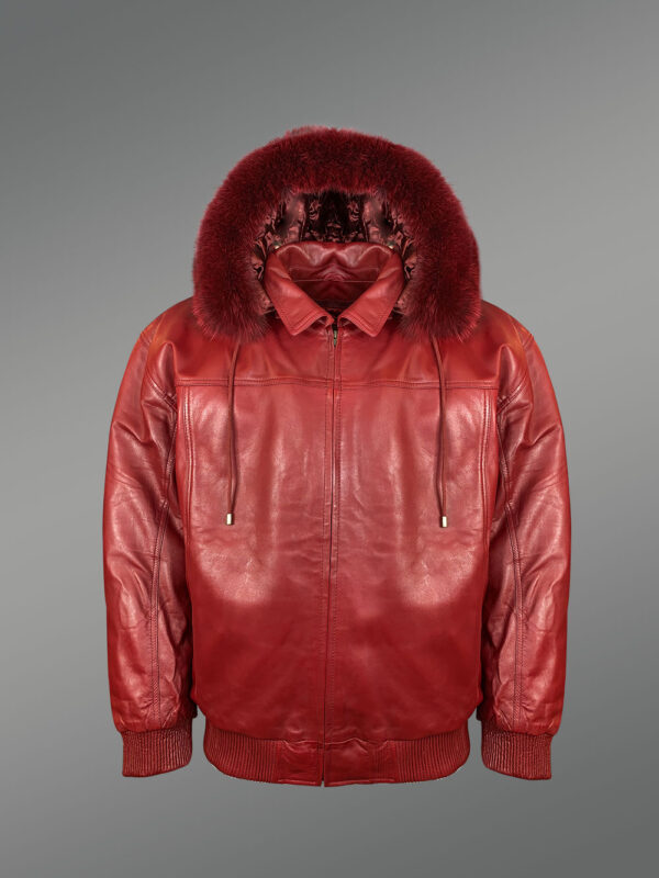 Mens Lambskin Red Bomber Jacket with Detachable Hood Bordered by Trims of Fur