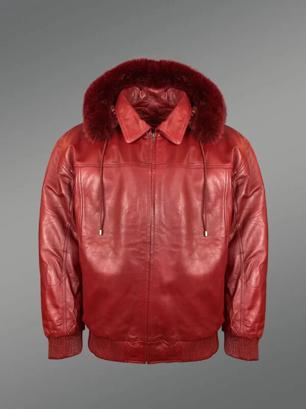 Mens Lambskin Red Bomber Jacket with Detachable Hood Bordered by Trims of Fur - Image 2