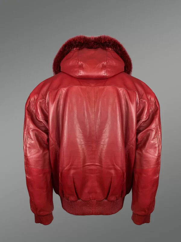 Mens Lambskin Red Bomber Jacket with Detachable Hood Bordered by Trims of Fur - Image 4