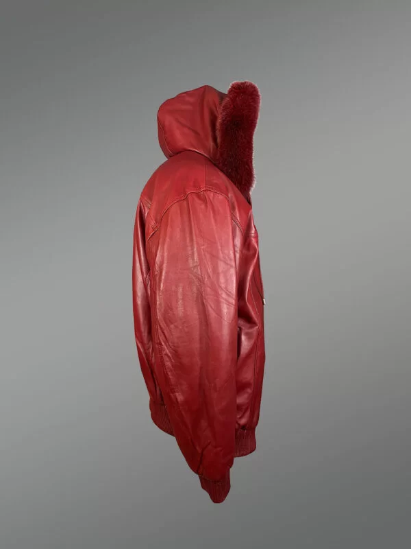 Mens Lambskin Red Bomber Jacket with Detachable Hood Bordered by Trims of Fur - Image 3