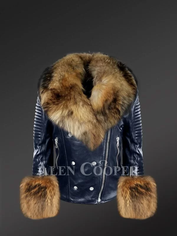 Womens Leather with Fur Biker Jacket - Image 3