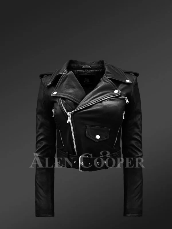 Iconic Black Super Stylish Real Leather Asymmetrical Zipper Closure Biker Jacket for Women with Raccoon Fur Collar - Image 6