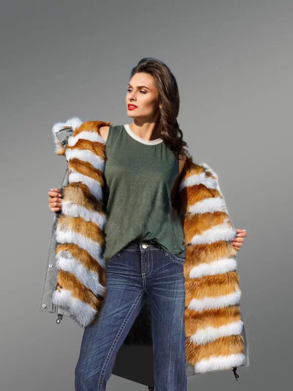 Hybrid Black Red Arctic Fox Fur Parka Convertibles for Women - Image 2