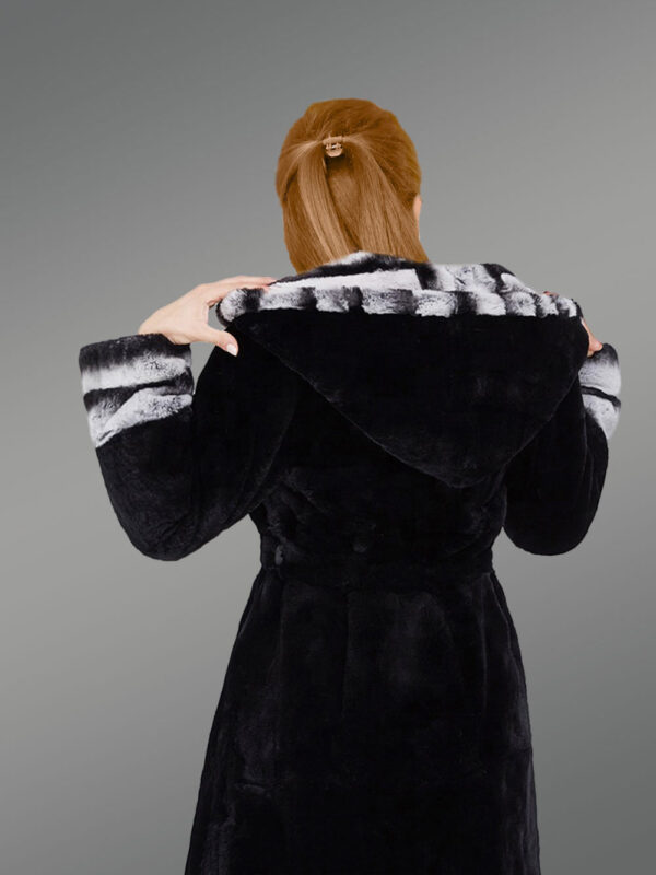 Womens Coat in Rex Rabbit Fur with Hood - Image 6