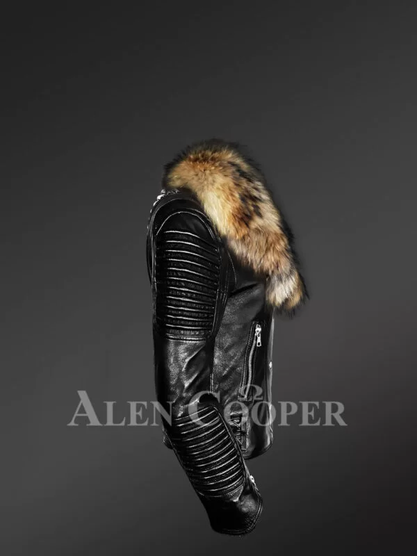 Black Leather Jacket with Removable Fur Collar - Image 7