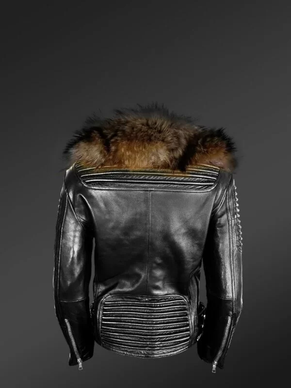 Black Leather Jacket with Removable Fur Collar - Image 9