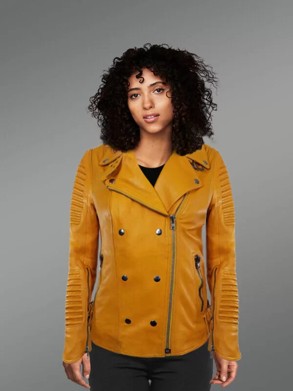 Women's Motorcycle Biker Jacket with Piped Sleeves in Yellow