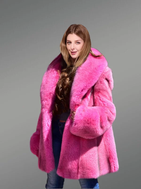 Women's Real Full Skin Fox Fur Coat in Fushia - Image 3