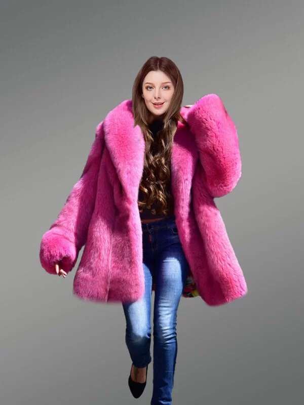 Women's Real Full Skin Fox Fur Coat in Fushia - Image 2