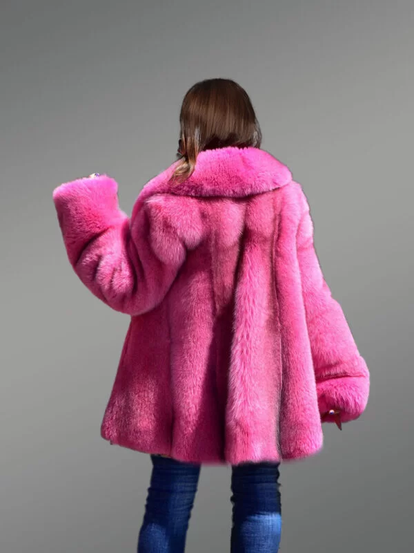Women's Real Full Skin Fox Fur Coat in Fushia - Image 14
