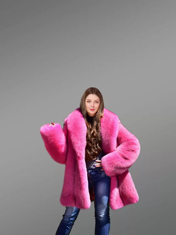 Women's Real Full Skin Fox Fur Coat in Fushia - Image 13