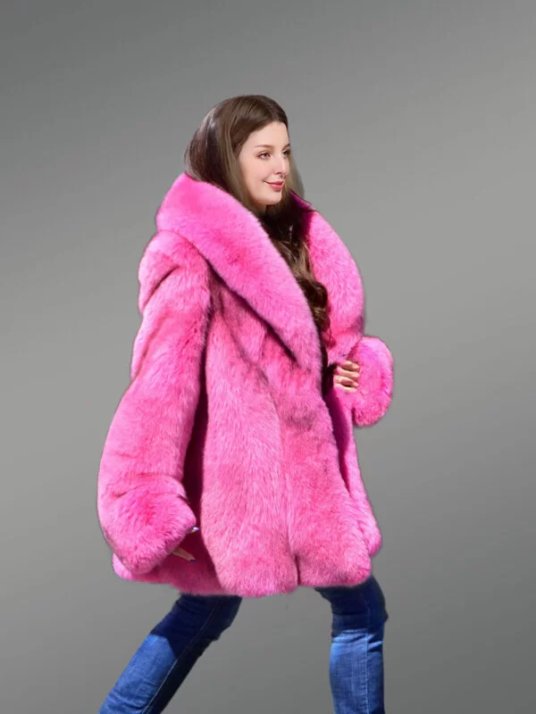 Women's Real Full Skin Fox Fur Coat in Fushia - Image 8