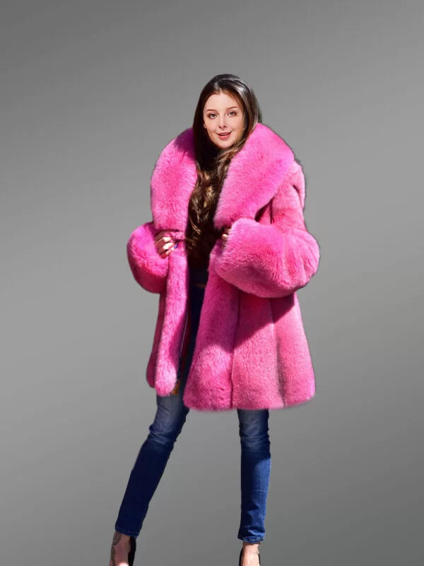 Women's Real Full Skin Fox Fur Coat in Fushia - Image 9