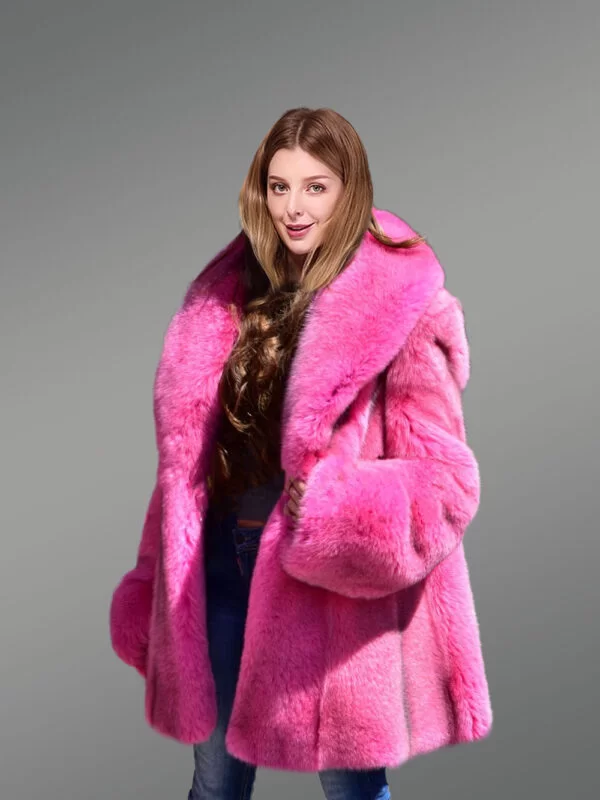 Women's Real Full Skin Fox Fur Coat in Fushia - Image 10
