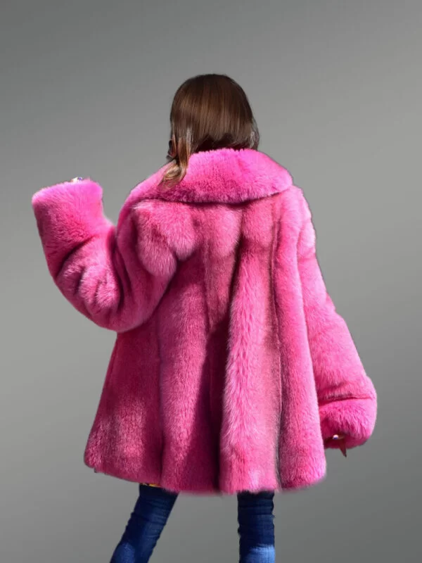 Women's Real Full Skin Fox Fur Coat in Fushia - Image 12