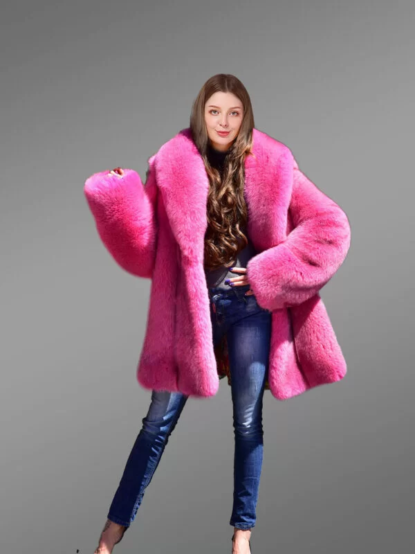 Women's Real Full Skin Fox Fur Coat in Fushia - Image 7