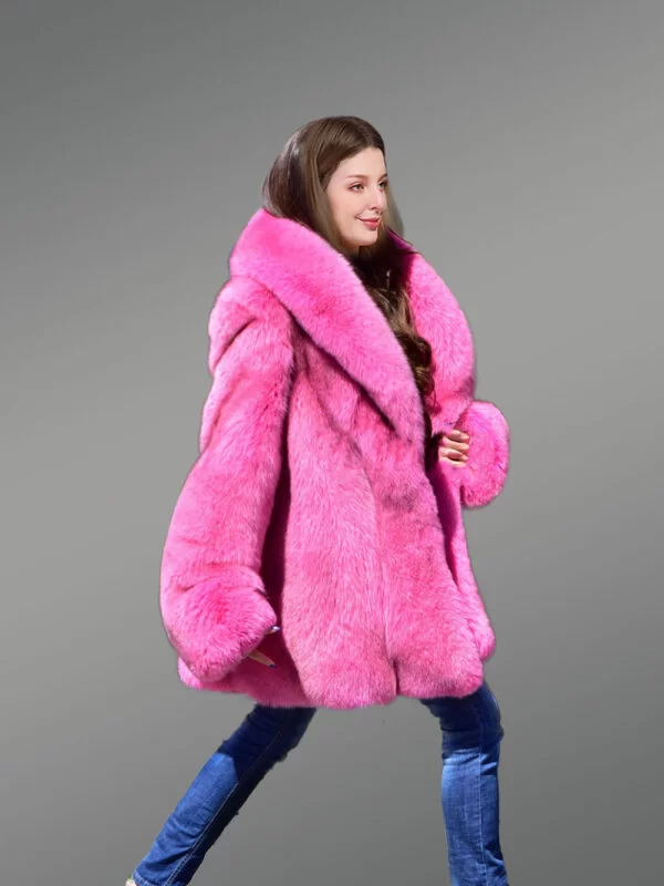 Women's Real Full Skin Fox Fur Coat in Fushia - Image 6