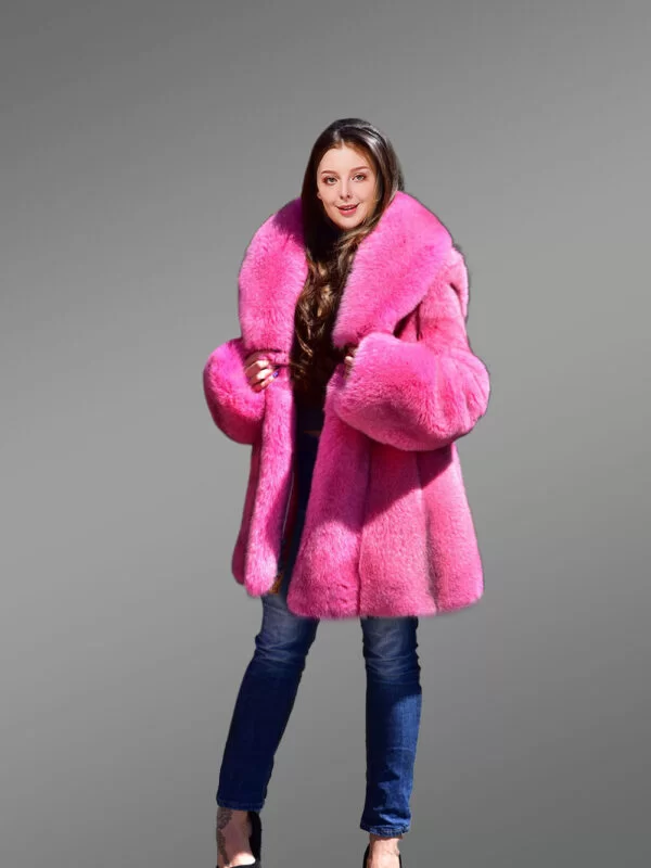Women's Real Full Skin Fox Fur Coat in Fushia - Image 4