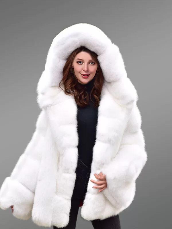 Fox Fur White Coat with Hood for A Graceful Look This Winter - Image 2