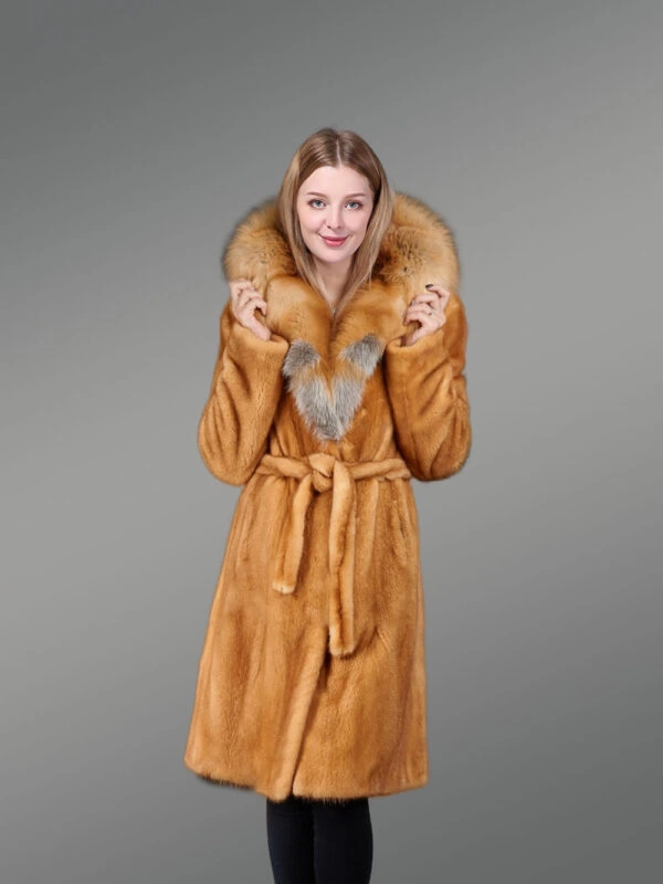 Golden Mink Fur Coat with Fox Fur Trim - Image 3