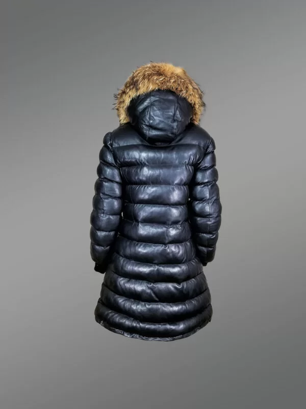 Women’s Black Puffy Leather Jacket with Fur Hood - Image 3