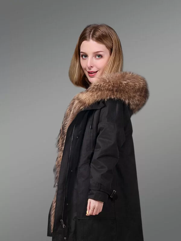 Women’s Elegant Brown Parka with Soft Raccoon Fur Hood and Long Collar - Image 3