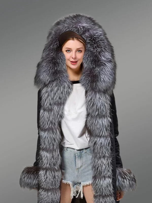 Women’s Fox Fur Hood Parka with Long Fur Collar in Black