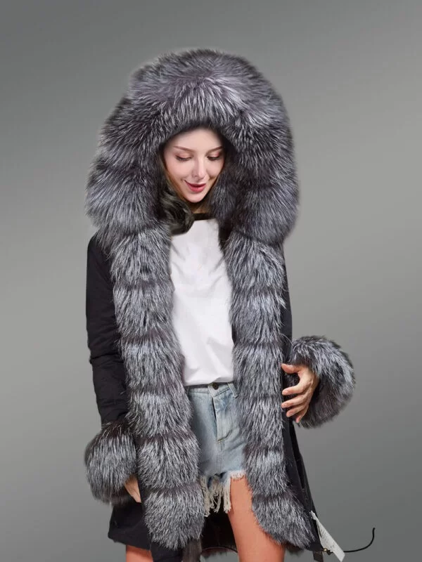 Women’s Fox Fur Hood Parka with Long Fur Collar in Black - Image 3