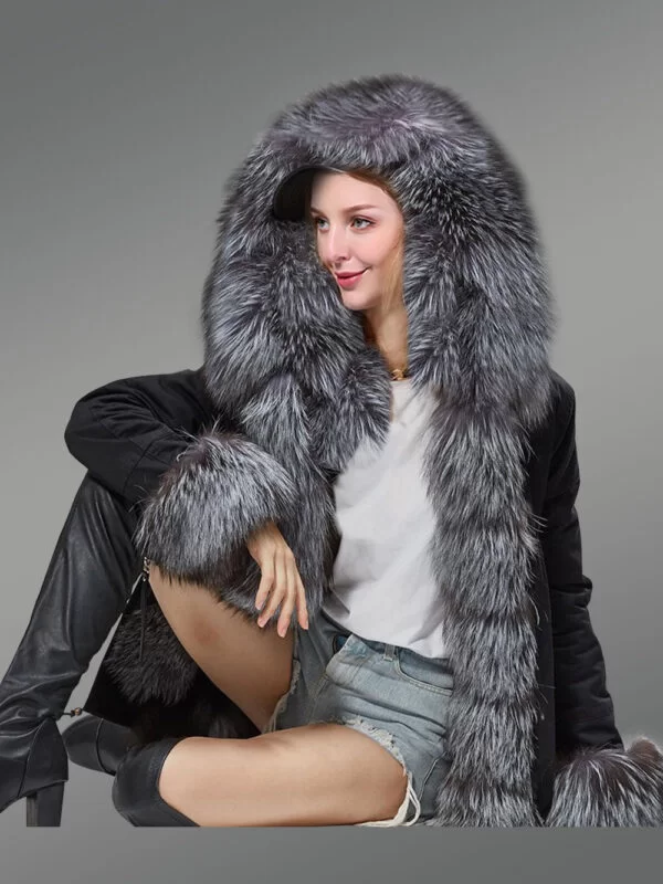 Women’s Fox Fur Hood Parka with Long Fur Collar in Black - Image 2